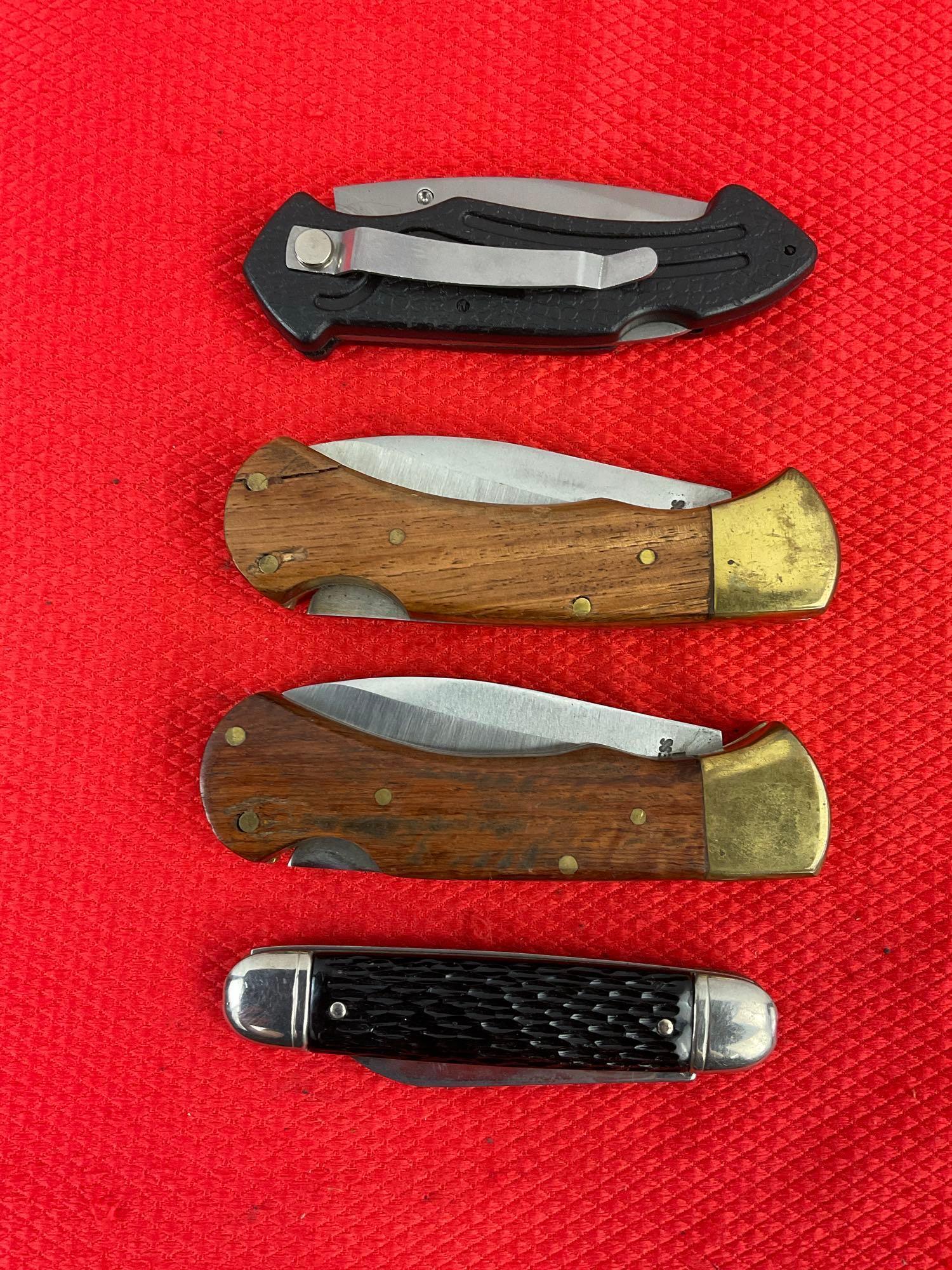 4 pcs Steel Folding Blade Pocket Knives w/ Sheathes. 1 Vintage Colonial w/ 4 Alternate Blades. See