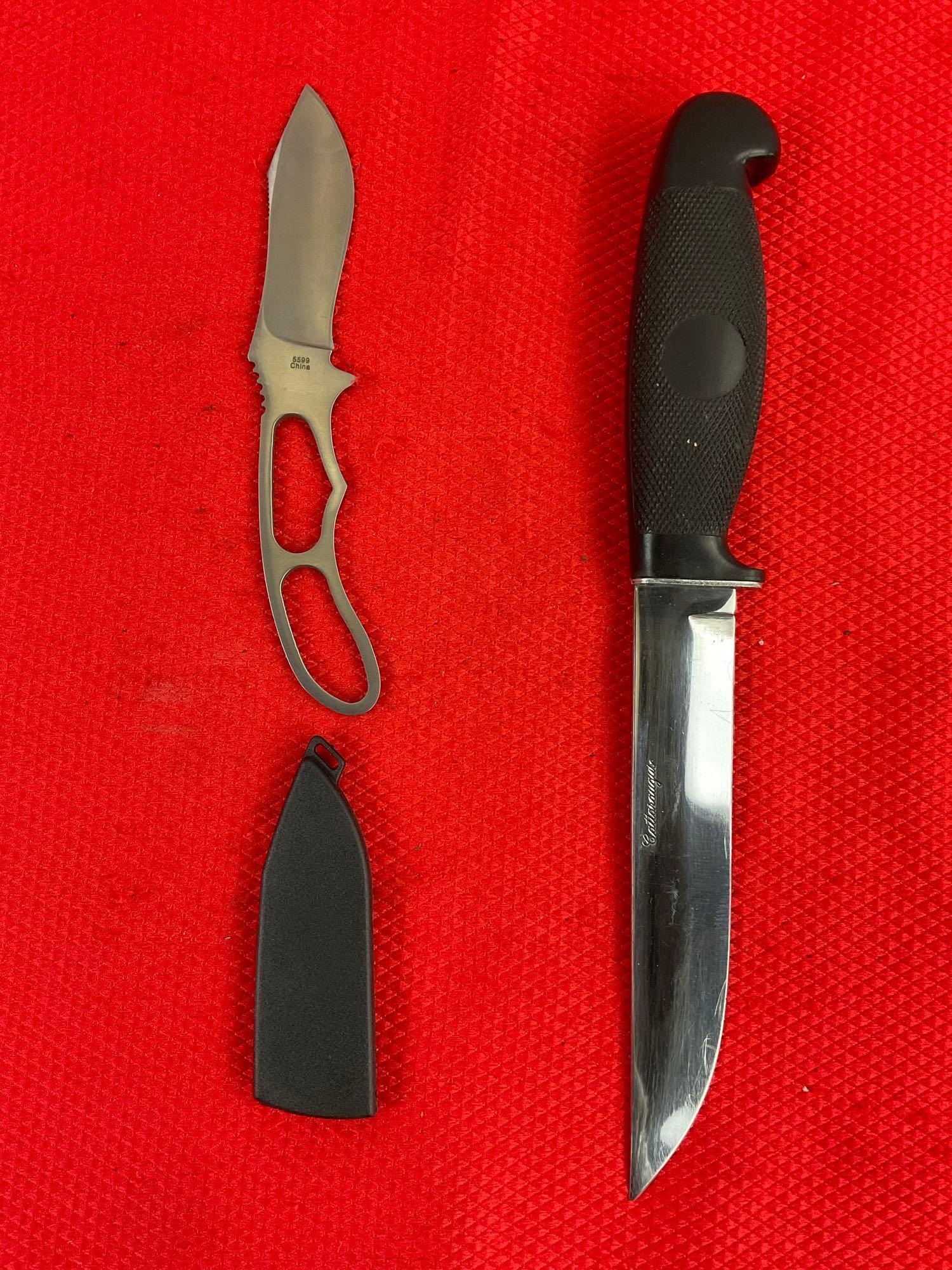 2 pcs Modern Steel Fixed Blade Knives w/ Sheathes. 1x Cattaraugus, 1x KA-BAR 5599. See pics.