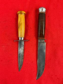2 pcs Vintage Steel Fixed Blade Knives w/ Leather Sheathes. 1x Mora Edgemark, 1 PIC. See pics.