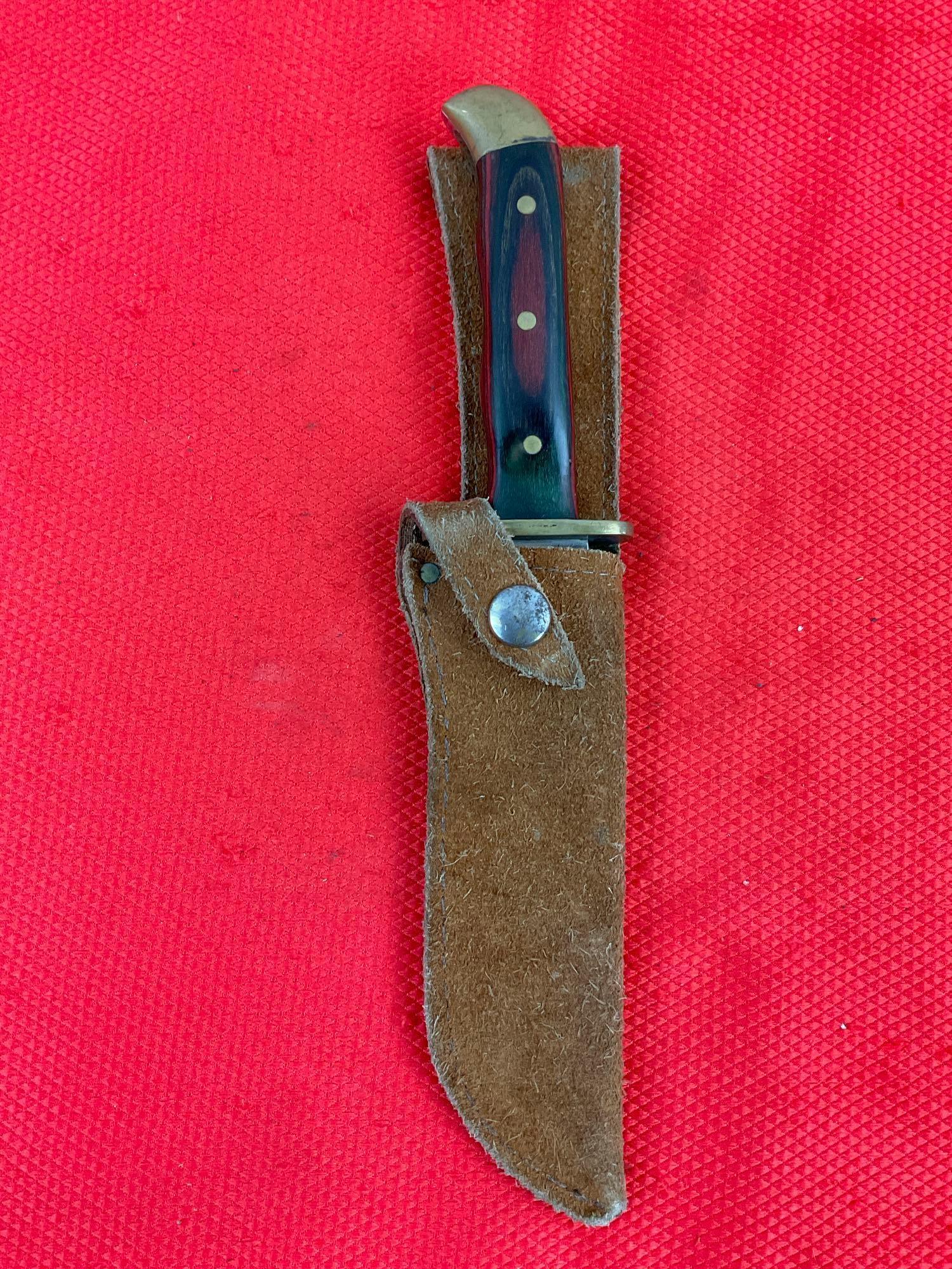 5" Steel Fixed Blade Bowie Knife w/ Wooden Sheath & Leather Sheath. Unknown Maker. See pics.