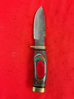 Pakistan Made 3.5" Steel Fixed Blade Skinning Knife w/ Colorful Wood Handle & Sheath. See pics.