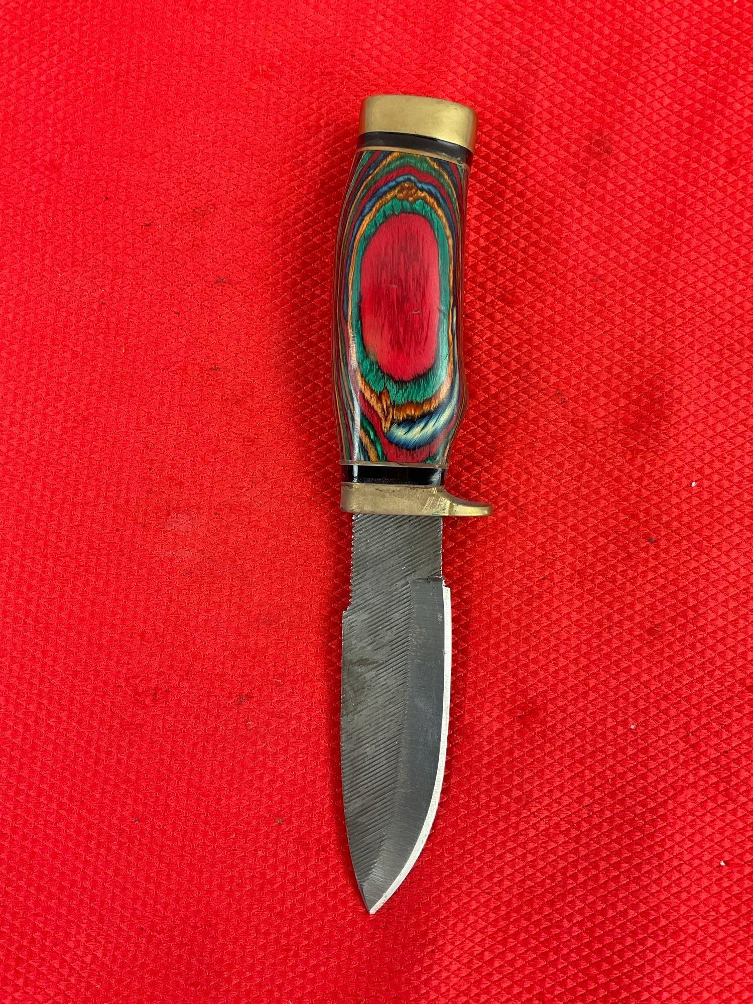 Pakistan Made 3.5" Steel Fixed Blade Skinning Knife w/ Colorful Wood Handle & Sheath. See pics.
