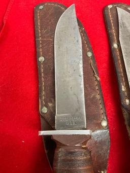 2x Vintage Fixed Blade Craftsman Knives w/ Leather Sheathes - Both Blades Are 5" Long - See pics