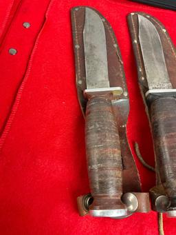 2x Vintage Fixed Blade Craftsman Knives w/ Leather Sheathes - Both Blades Are 5" Long - See pics