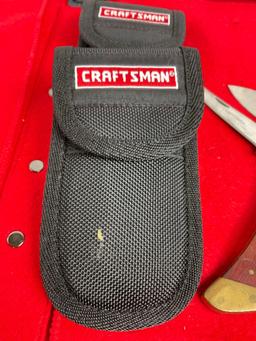3x Craftsman Folding Pocket Knives - 2 w/ Sheathes - Blades Measure 3" & 3.5" Long - See pics
