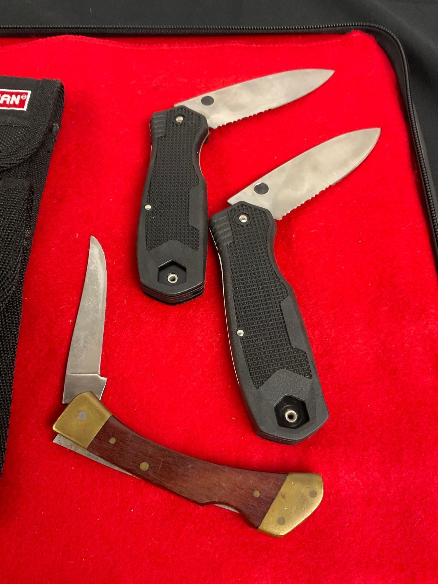 3x Craftsman Folding Pocket Knives - 2 w/ Sheathes - Blades Measure 3" & 3.5" Long - See pics