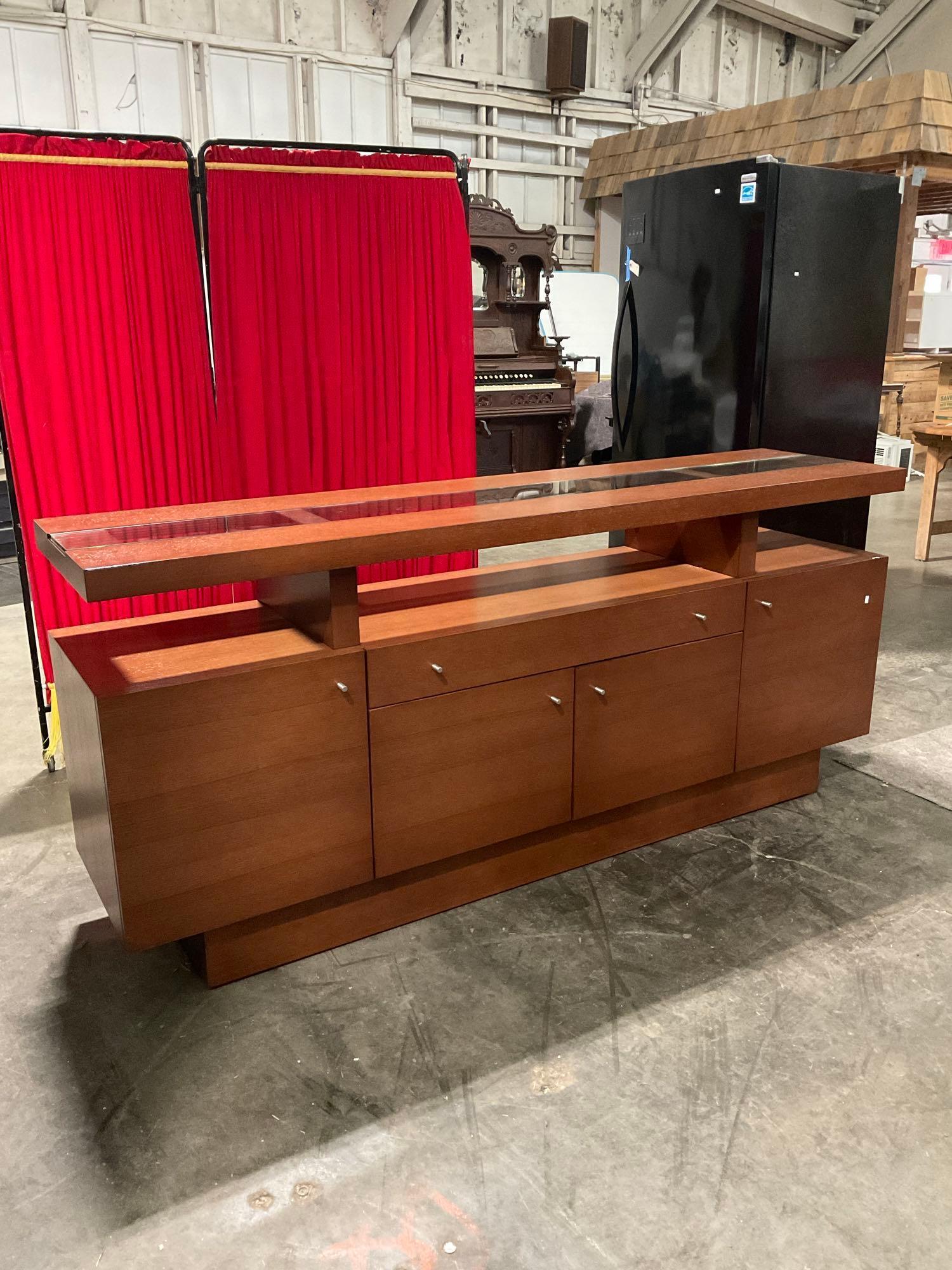 Modern Creative Elegance Oak Veneer Buffet w/ Glass Top, 4 Cupboards, 2 Shelves & 1 Drawer. See