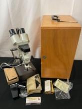 Vintage Japanese Stereo Microscope, Meiji Techno Model BMK 13012 w/ Wooden Case