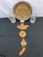 4 pcs Vintage Souvenir Assortment. Chinese Wooden Wall Hanging. Lowenbrau Glass Stein. See pics.