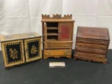 Three Vintage/Antique Dollhouse Furniture Pieces, Kitchen Cabinet, Slant Lid Desk, Lacquer Cabinet