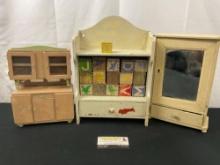 Three Vintage Dollhouse Furniture Pieces, Mirrored Wardrobe, Kitchen Cabinet & Entry Bench