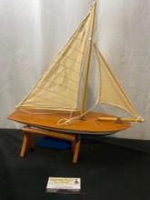 Vintage Wooden Ship Model, Sloop w/ Beige Striped Sail and Metal Keel