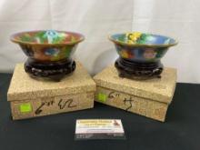 Pair of Cloisonne Bowls w/ Floral Designs and Wooden Stands, Blue & Red backgrounds