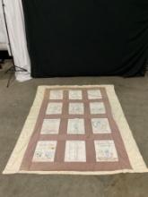 Vintage Handmade Wedding Quilt w/ Cream & Tan Fabric w/ Hand Embroidered Prayers. See pics.