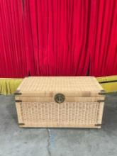 Vintage Asian Woven Wicker Chest w/ Intricate Brass Details & Closure. Measures 33" x 16" See pics.