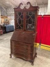 Vintage Maddox Reproduction Mahogany Combined Secretary Desk & Glass Fronted Curio Cabinet. See