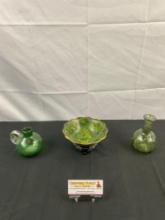 3 pcs Vintage Decorative Green Vessel Assortment. Cloisonne Bowl, Glass Pitcher & Vase. See pics.