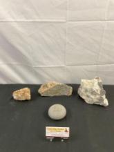 4 pcs Vintage Rock Collection. Granite w/ Garnet Inclusions, Quartz w/ Pyrite. Carved Stone. See