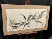 Framed Signed Watercolor by NW Artist Lucy Liu, school of fish