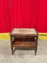 Antique Two-Tier Wooden Side or End Table w/ Antiqued Painted Top "L'Auberge Chantecleer." See pi...