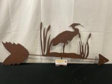 Sheet Metal Heron & Cattails Weathervane, Rust Patina