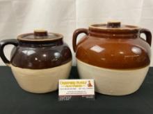 Pair of Robinson Ransbottom Brown & Beige Stoneware Jars w/ Lids #2 & #4