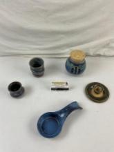 5 pcs Vintage Handmade Stoneware Dish Assortment. Spoon-rest, Lidded Jar, Cup. See pics.