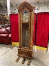 Vintage Emperor Grandfather Clock in Wooden Cabinet w/ Pendulum, Weights & Moon Clock. See pics.