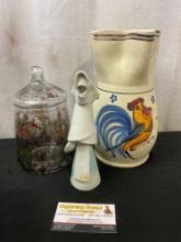 Handcrafted Nun Figure, Clear Candy Jar w/ handpainted designs, & Terracotta Pitcher w/ Rooster