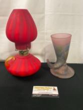 Reuven Satin Glass Cornucopia & Red Glass Eagle Lamp w/ Red matching Shade