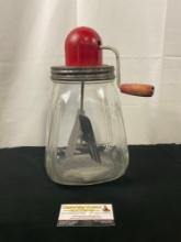 Antique Handcrank Butter Churn, Glass screwtop Jar marked SCC