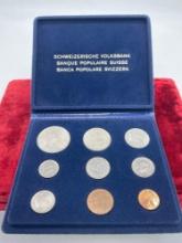 Vintage antique and vintage Swiss bank issue 9 pc coin set incl. silver coins, see pics for more