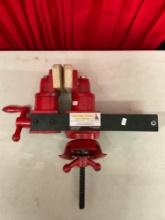 Vintage Heavy Duty Red Painted Cast Iron Revolving Bench Vise. No Hallmarks, Unknown Maker. See