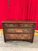 Antique Wheeled Wooden Dresser w/ Burl Wood Veneer & Art Nouveau Brass Drawer Pulls. As Is. See