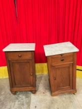 2 pcs Antique Gray Marble Topped Wooden Commodes w/ 1 Drawer & 1 Cupboard w/ Shelf. As Is. See pi...