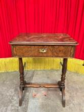 Antique Wooden Side Table w/ Handsome Burl Wood Top, 1 Drawer & Compass Star Inlay. See pics.