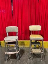 2 pcs Vintage Metal Chairs w/ 2 Folding Steps, 1 Yellow & Bare Metal, 1 Gray & Pink Painted Metal.