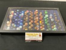 Assorted Marbles in Leather Display Case w/ Glass Top, roughly 100-150 pieces