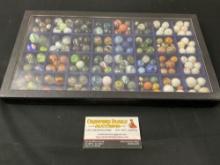 Assorted Stone & Glass Marbles in Leather Display Case w/ Glass Top, roughly 100-150 pieces