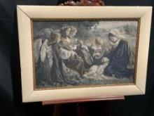 Framed Religious Print, Baby Jesus & Lady Madonna w/ Angels playing music