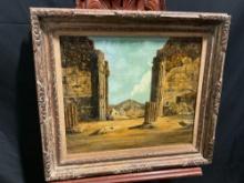 Framed Oil on Canvas, Roman Columns in Ruin Scene, signed by artist