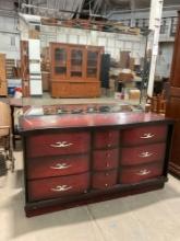 Gorgeous Vintage Dresser / Vanity w/ Large Etched Flower Motif Mirror & Dual Tone Cherry Staining