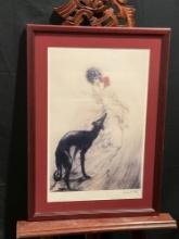 Framed Louis Icart Print titled Favorite Scent, Woman in White Dress and Curious Black Dog