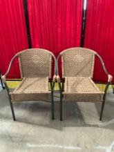 Pair of Modern Tan Faux Wicker & Gray Steel Patio Chairs w/ Woven Seats and Backs. See pics.