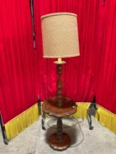 Vintage Wooden Table Light w/ Shelf & Tan Cloth Lampshade. Tested, Works. See pics.