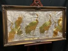 Gilt Wooden Frame Large White Silk Piece w/ Gold Heron Figures