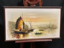 Vintage Framed Oil on Canvas, Chinese Junk Fishing Boats by Artist H. Dong
