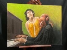 Unframed Oil on Canvas, Man & Woman Singing at a Piano, Green Background