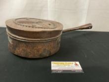 Antique Copper Bed Pan Warmer, w/ hammered rustic look