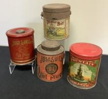 4 Tobacco Tins - 2 Just Suits, Plow Boy & Fountain, See Photos For Conditio